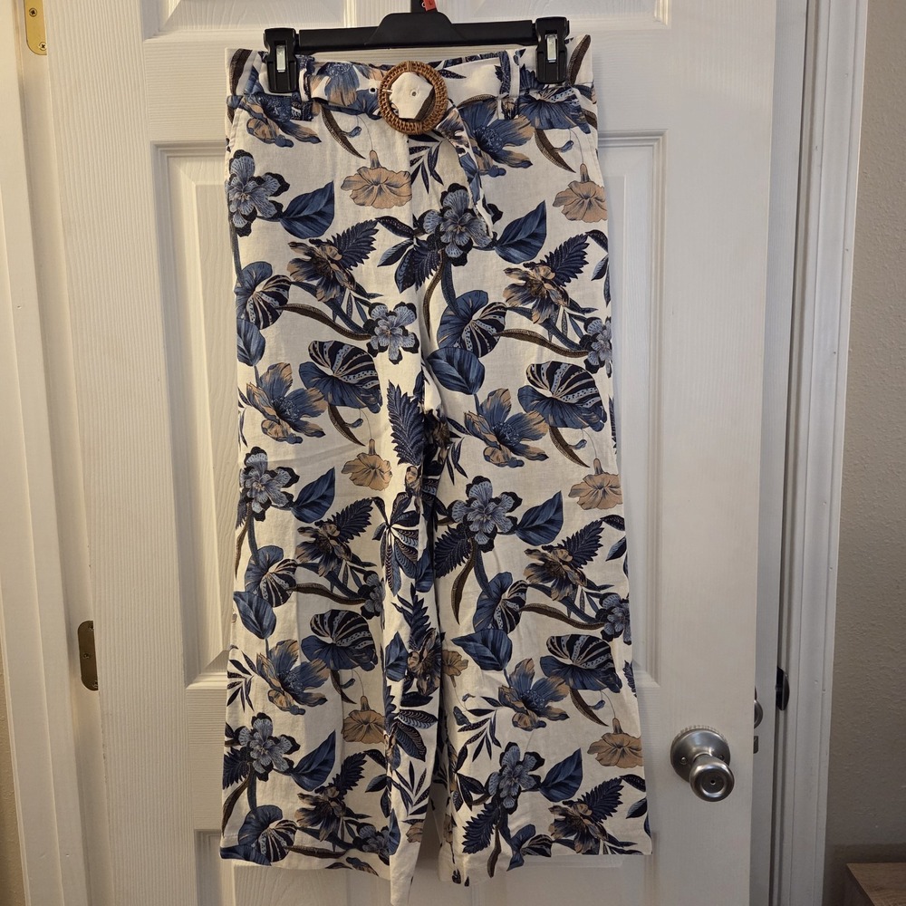 Sigrid Olsen sz 4 blue floral linen rayon wide leg‎ pull on pants resort cottage